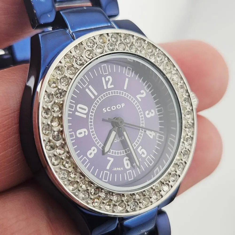 Scoop Women's Rhinestone Dial Boyfriend Watch Blue Metallic Bold Maximalist SNY1